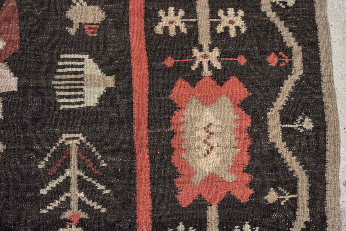 6' x 8' one-of-a-kind handmade antique Kilim rug. Color palette: charcoal, ivory, coral, rust, taupe, brown, black, gray