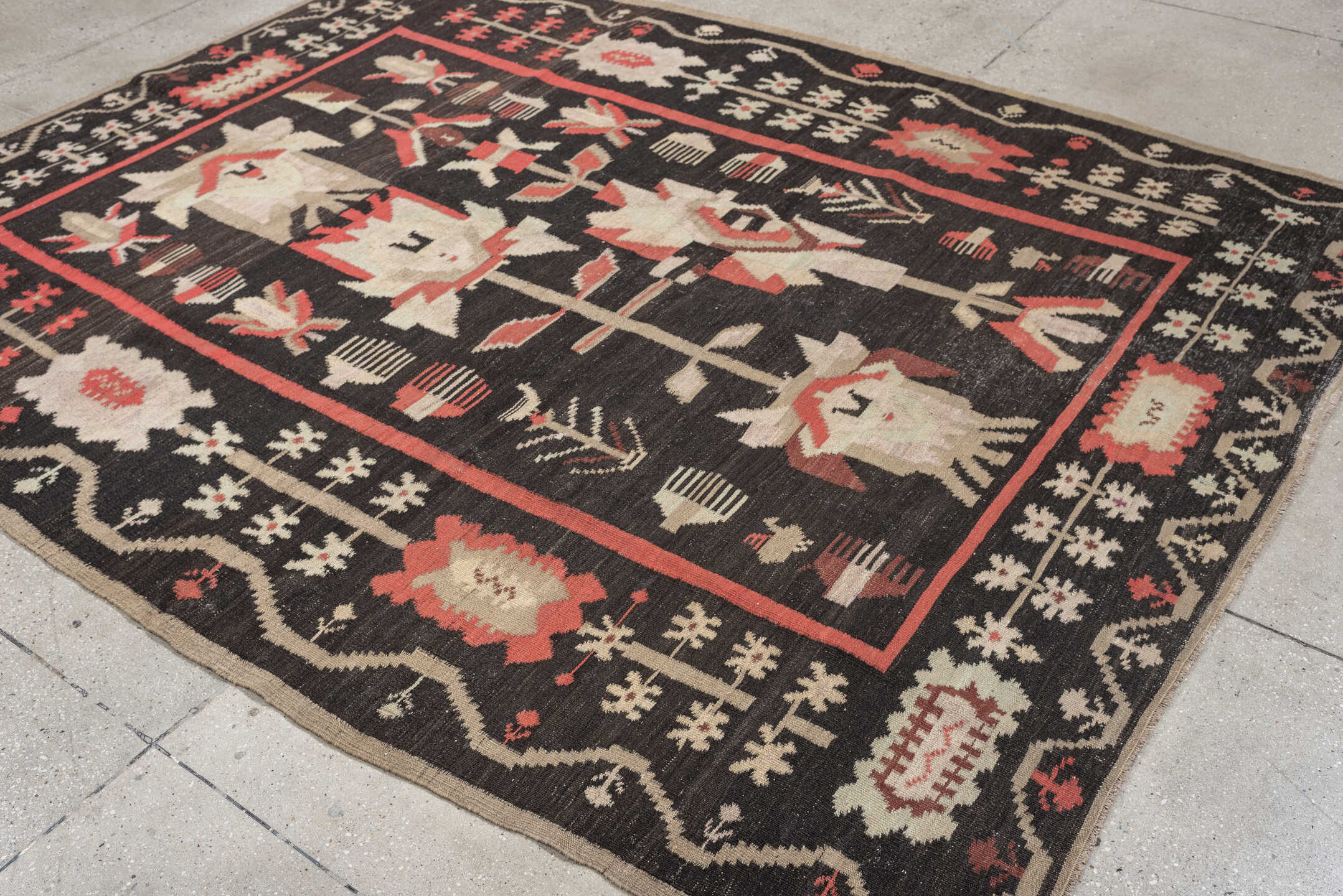 6' x 8' one-of-a-kind handmade antique Kilim rug. Color palette: charcoal, ivory, coral, rust, taupe, brown, black, gray