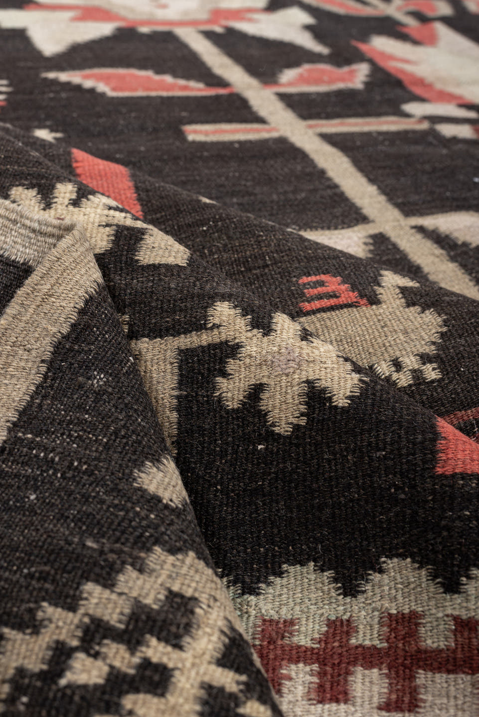 6' x 8' one-of-a-kind handmade antique Kilim rug. Color palette: charcoal, ivory, coral, rust, taupe, brown, black, gray