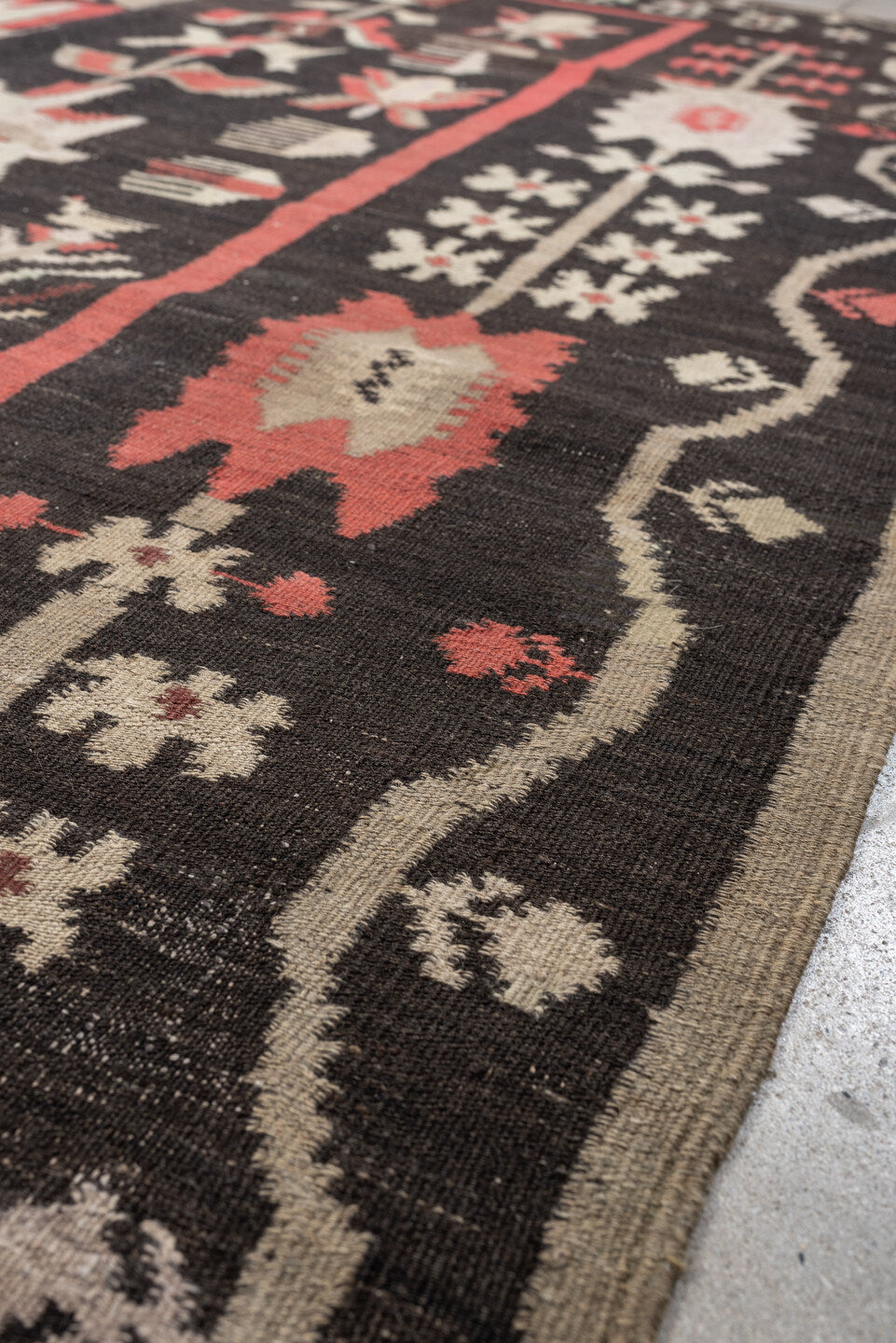 6' x 8' one-of-a-kind handmade antique Kilim rug. Color palette: charcoal, ivory, coral, rust, taupe, brown, black, gray