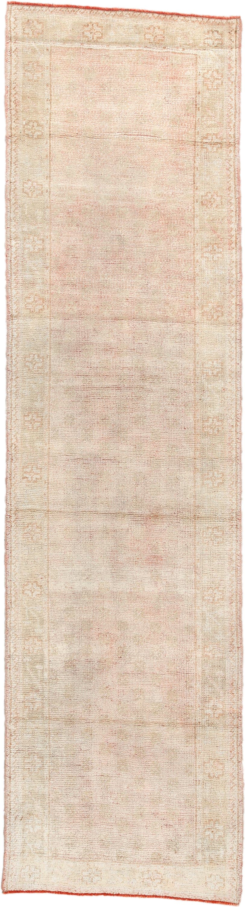3' x 11' one-of-a-kind handmade antique Oushak runner rug. Color palette: ivory, blush, beige, soft sage, peach, pink