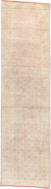 3' x 11' one-of-a-kind handmade antique Oushak runner rug. Color palette: ivory, blush, beige, soft sage, peach, pink