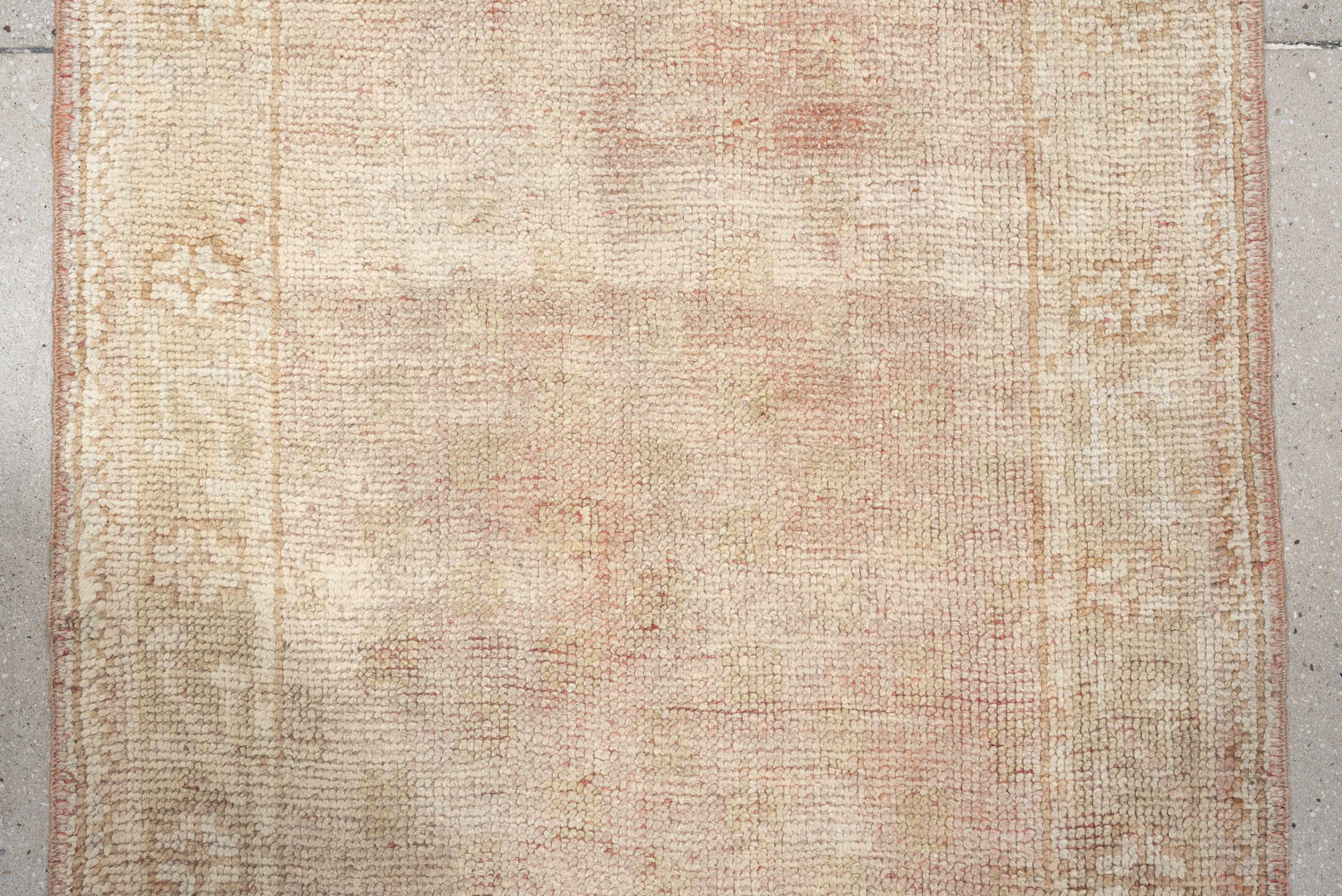 3' x 11' one-of-a-kind handmade antique Oushak runner rug. Color palette: ivory, blush, beige, soft sage, peach, pink