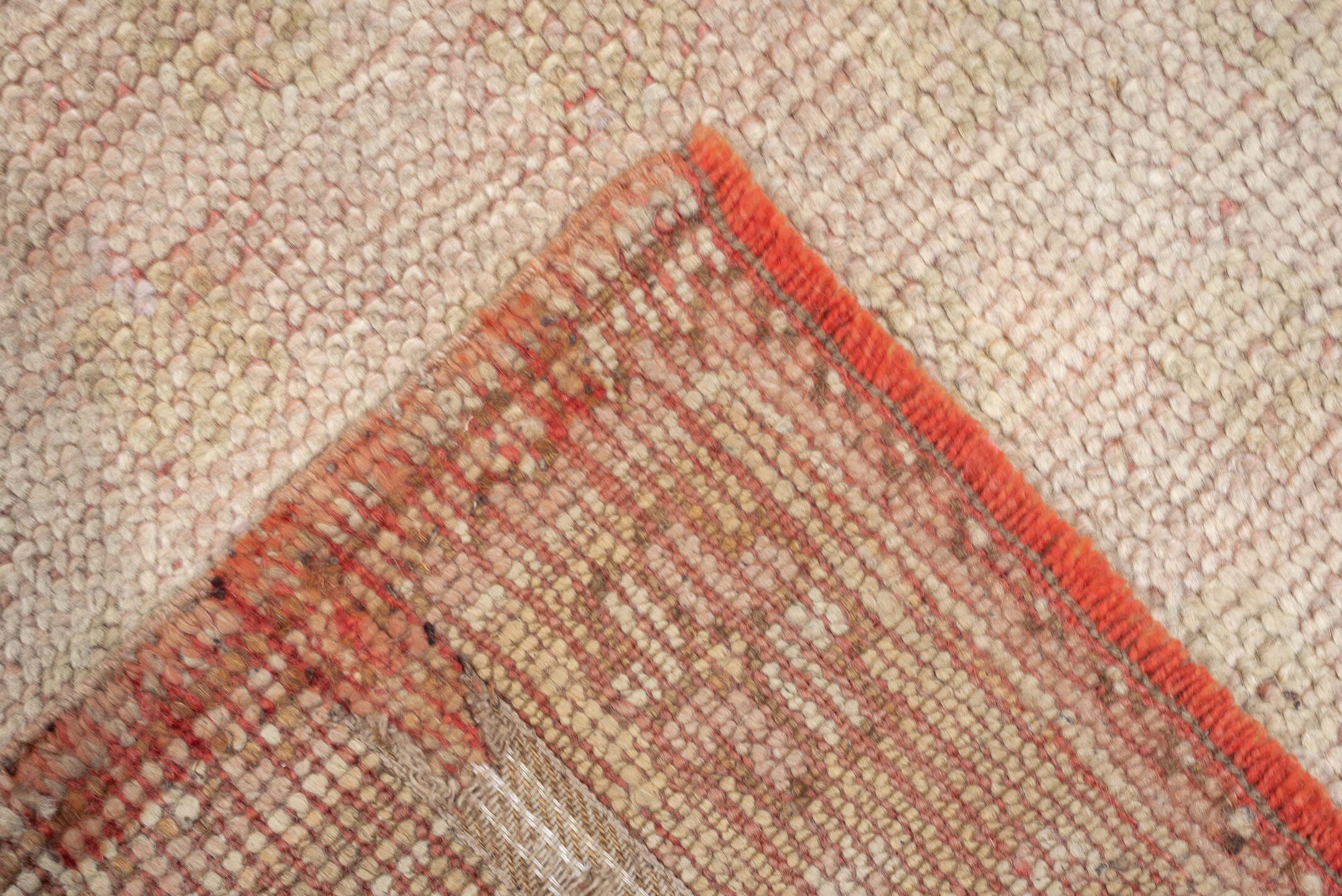 3' x 11' one-of-a-kind handmade antique Oushak runner rug. Color palette: ivory, blush, beige, soft sage, peach, pink