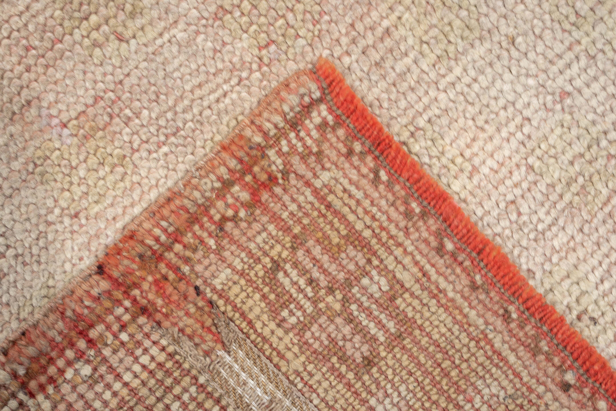 3' x 11' one-of-a-kind handmade antique Oushak runner rug. Color palette: ivory, blush, beige, soft sage, peach, pink