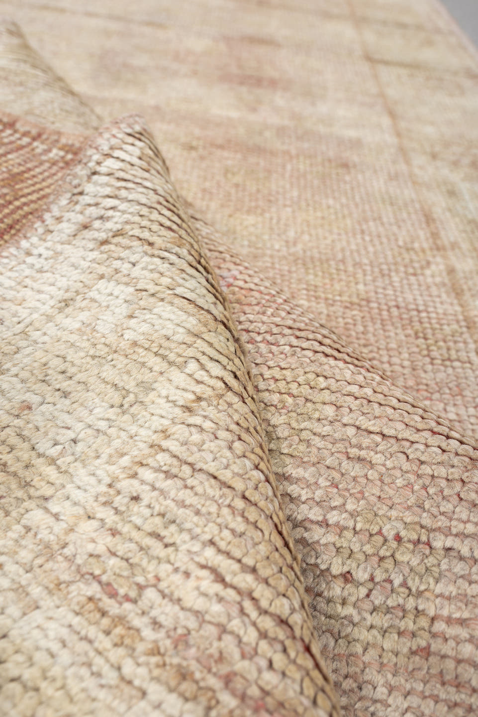 3' x 11' one-of-a-kind handmade antique Oushak runner rug. Color palette: ivory, blush, beige, soft sage, peach, pink
