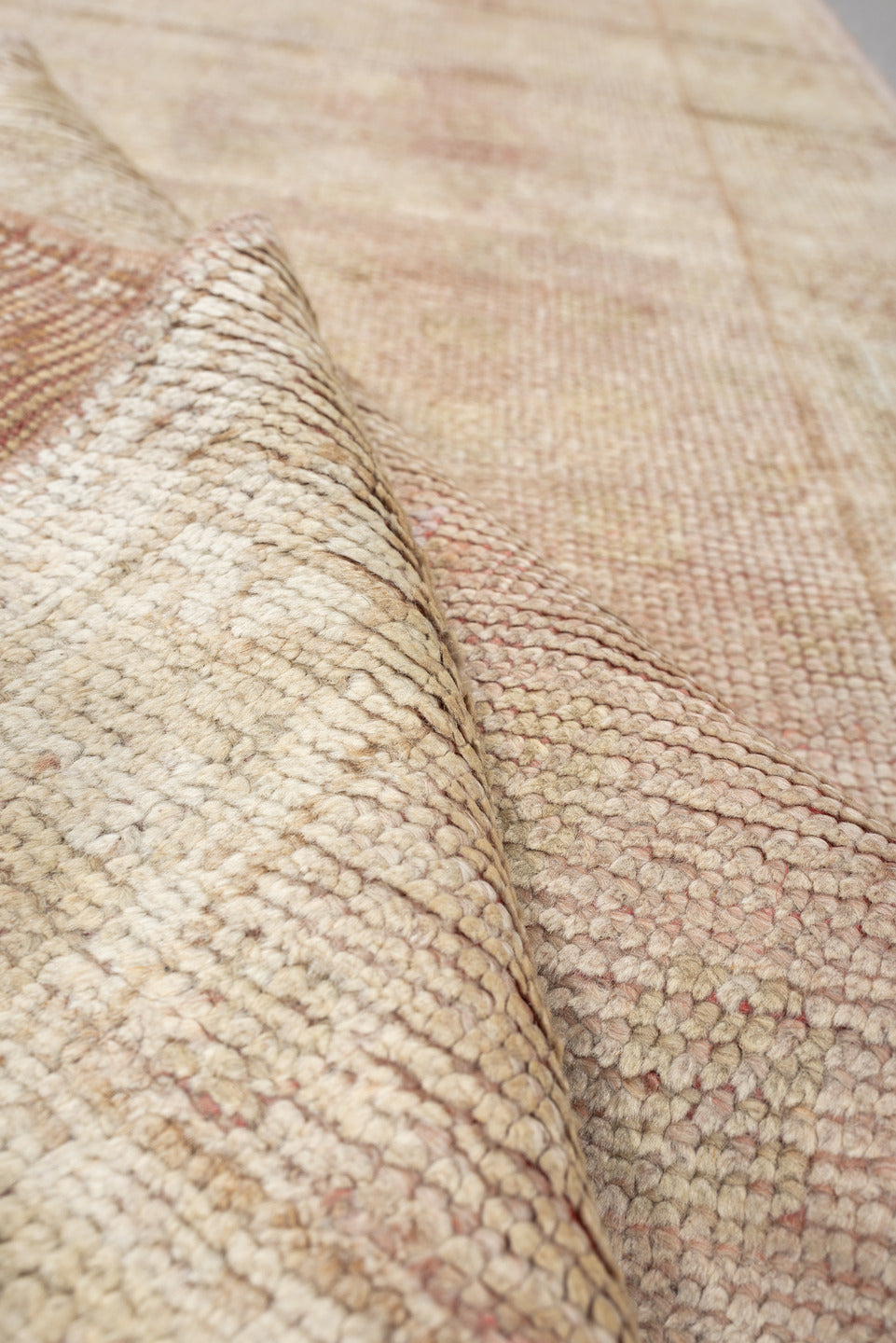 3' x 11' one-of-a-kind handmade antique Oushak runner rug. Color palette: ivory, blush, beige, soft sage, peach, pink