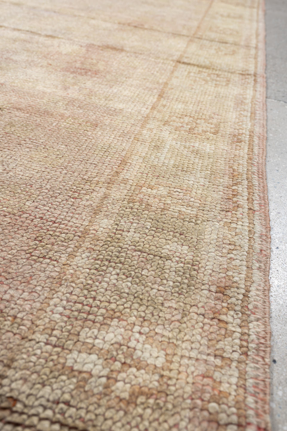 3' x 11' one-of-a-kind handmade antique Oushak runner rug. Color palette: ivory, blush, beige, soft sage, peach, pink