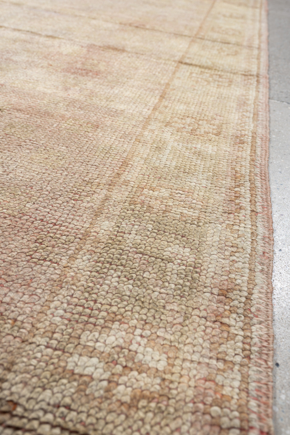 3' x 11' one-of-a-kind handmade antique Oushak runner rug. Color palette: ivory, blush, beige, soft sage, peach, pink