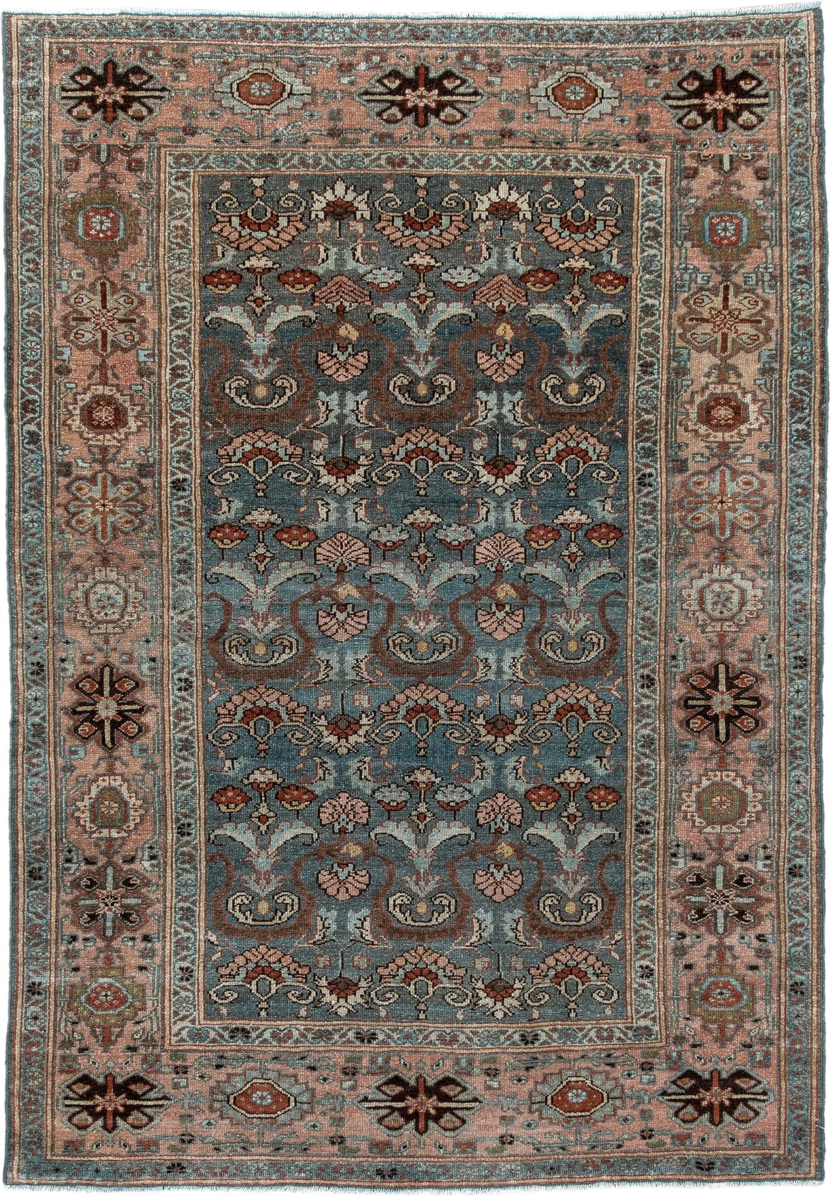 4' x 6' one-of-a-kind handmade antique Malayer rug. Color palette: blue gray, blush, ivory, rust, brown, charcoal, sage