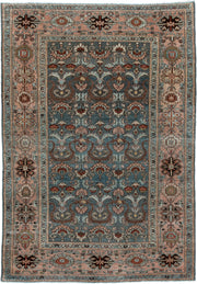 4' x 6' one-of-a-kind handmade antique Malayer rug. Color palette: blue gray, blush, ivory, rust, brown, charcoal, sage