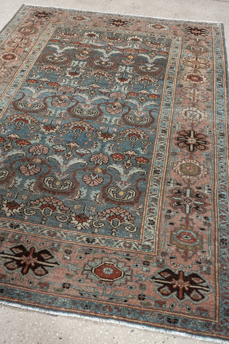 4' x 6' one-of-a-kind handmade antique Malayer rug. Color palette: blue gray, blush, ivory, rust, brown, charcoal, sage