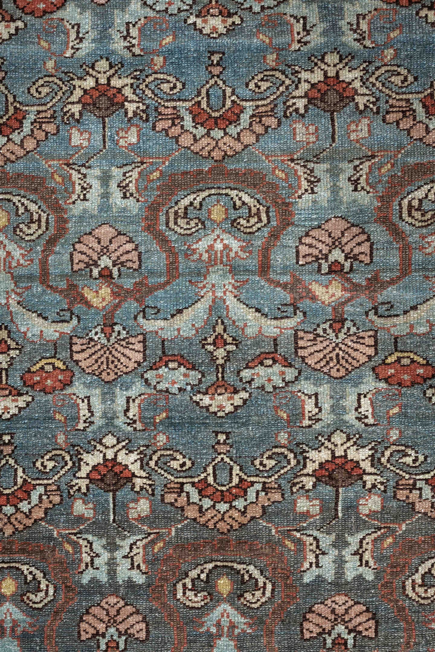 4' x 6' one-of-a-kind handmade antique Malayer rug. Color palette: blue gray, blush, ivory, rust, brown, charcoal, sage