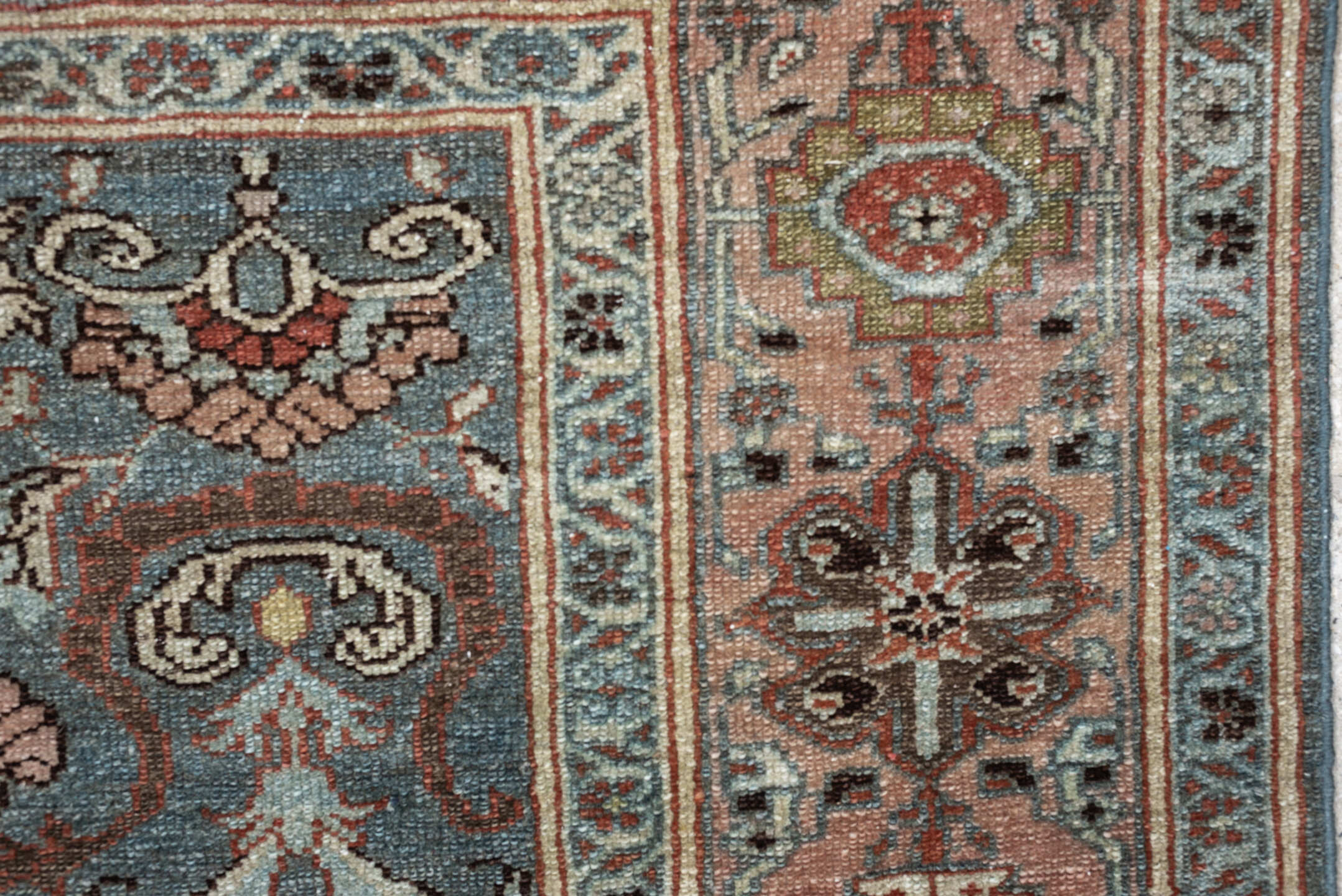 4' x 6' one-of-a-kind handmade antique Malayer rug. Color palette: blue gray, blush, ivory, rust, brown, charcoal, sage