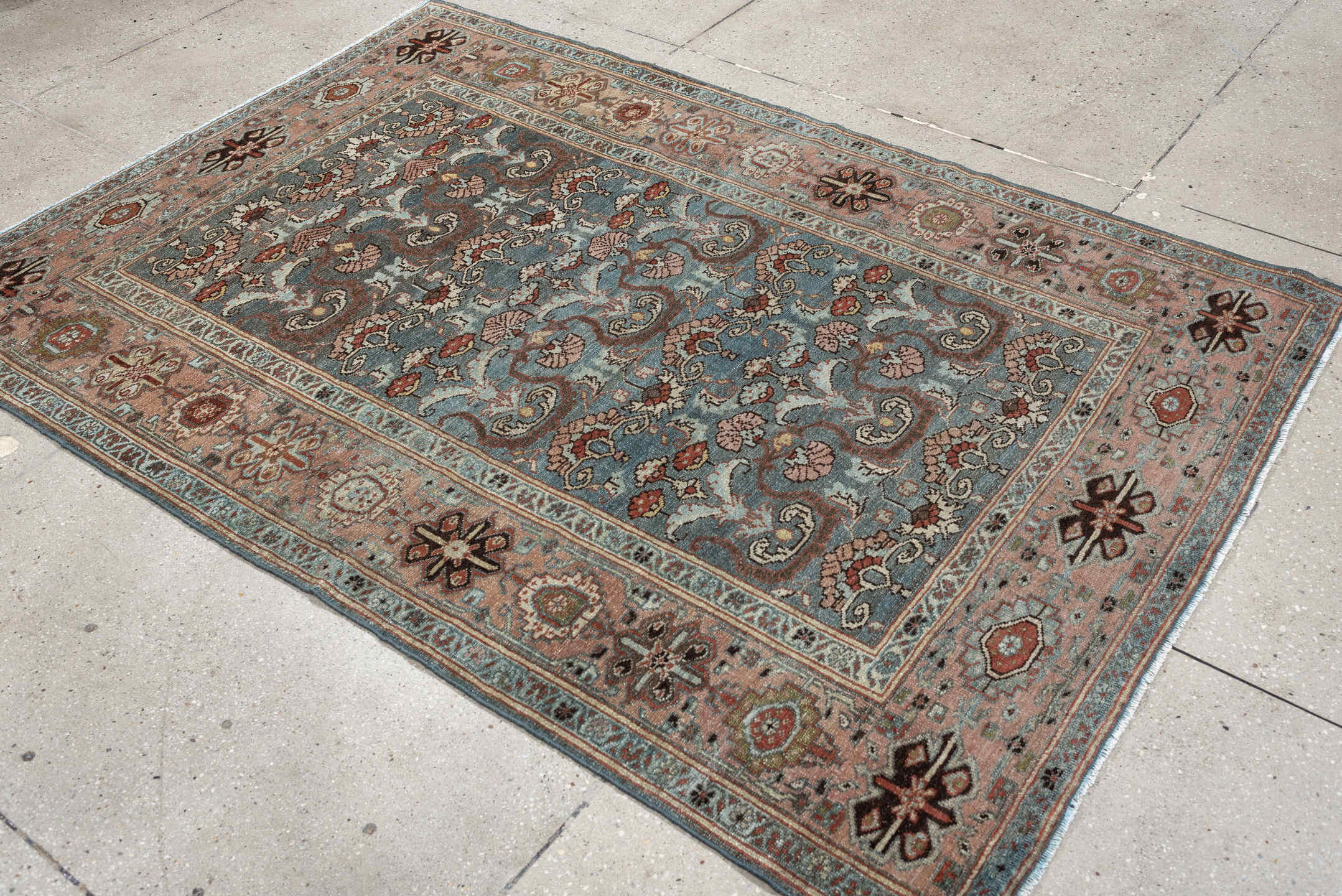 4' x 6' one-of-a-kind handmade antique Malayer rug. Color palette: blue gray, blush, ivory, rust, brown, charcoal, sage