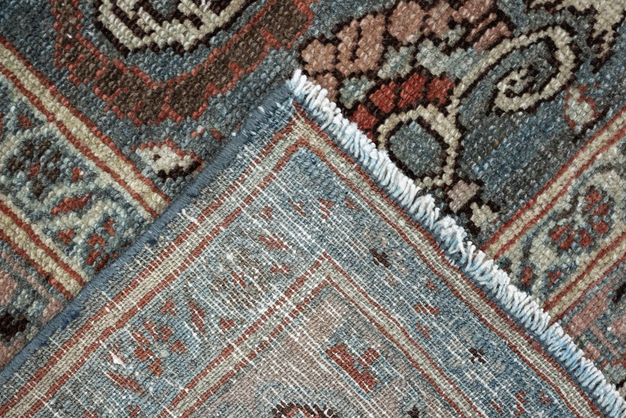 4' x 6' one-of-a-kind handmade antique Malayer rug. Color palette: blue gray, blush, ivory, rust, brown, charcoal, sage
