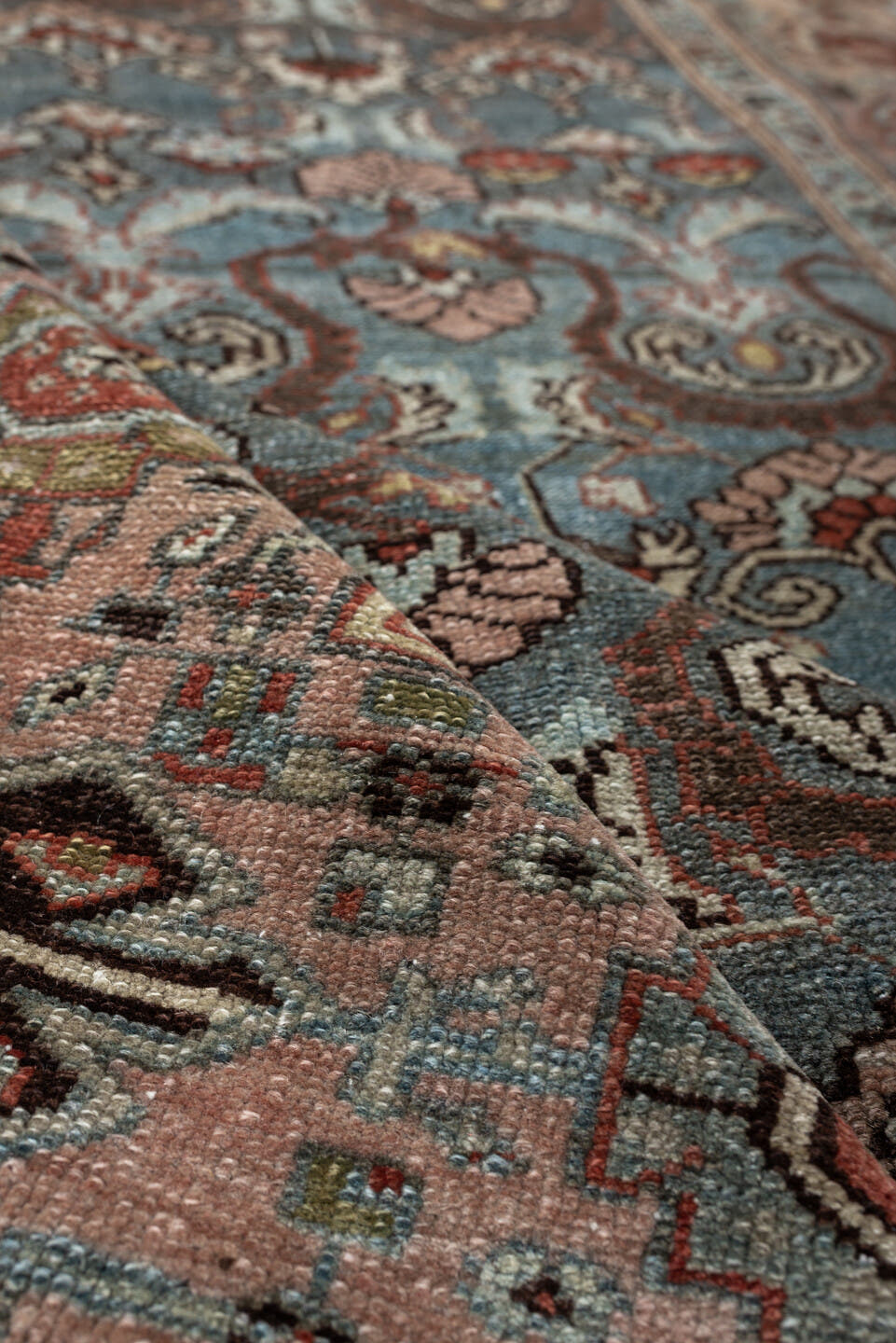 4' x 6' one-of-a-kind handmade antique Malayer rug. Color palette: blue gray, blush, ivory, rust, brown, charcoal, sage