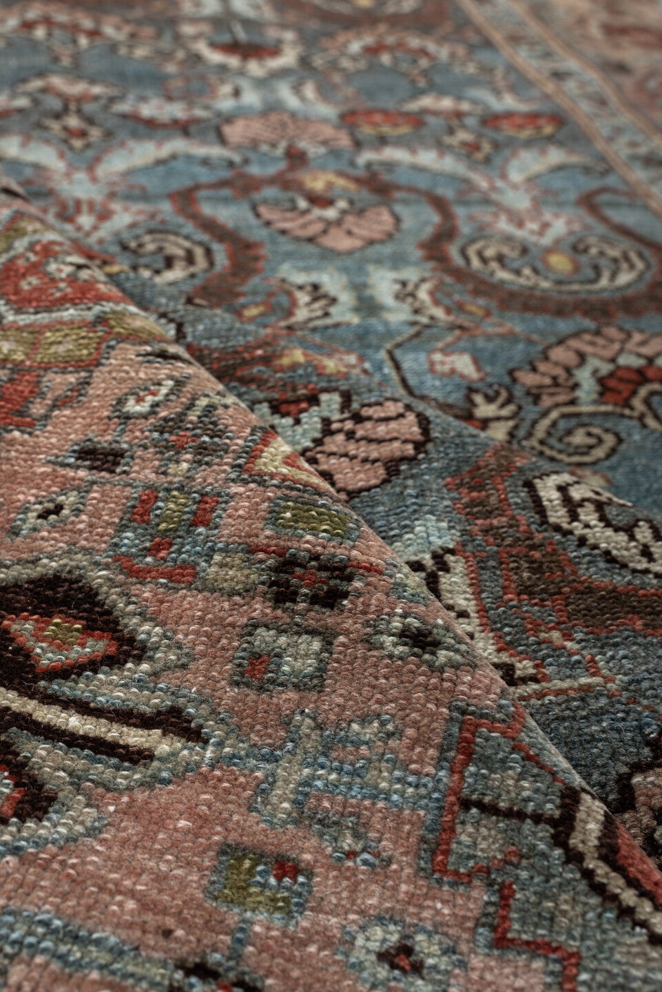4' x 6' one-of-a-kind handmade antique Malayer rug. Color palette: blue gray, blush, ivory, rust, brown, charcoal, sage