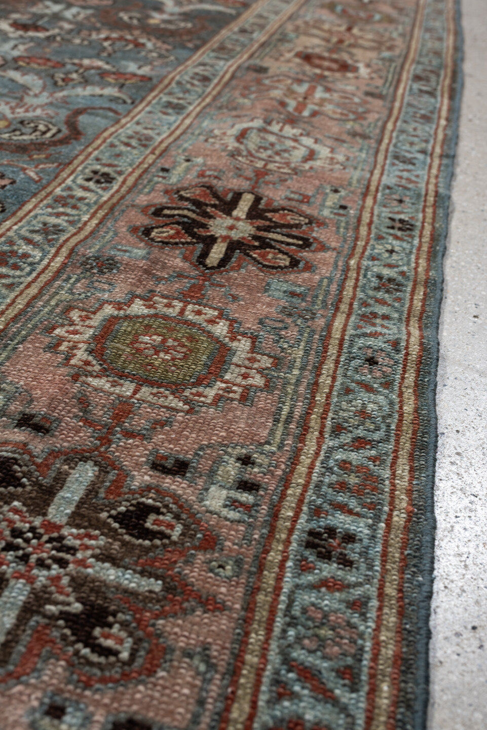 4' x 6' one-of-a-kind handmade antique Malayer rug. Color palette: blue gray, blush, ivory, rust, brown, charcoal, sage