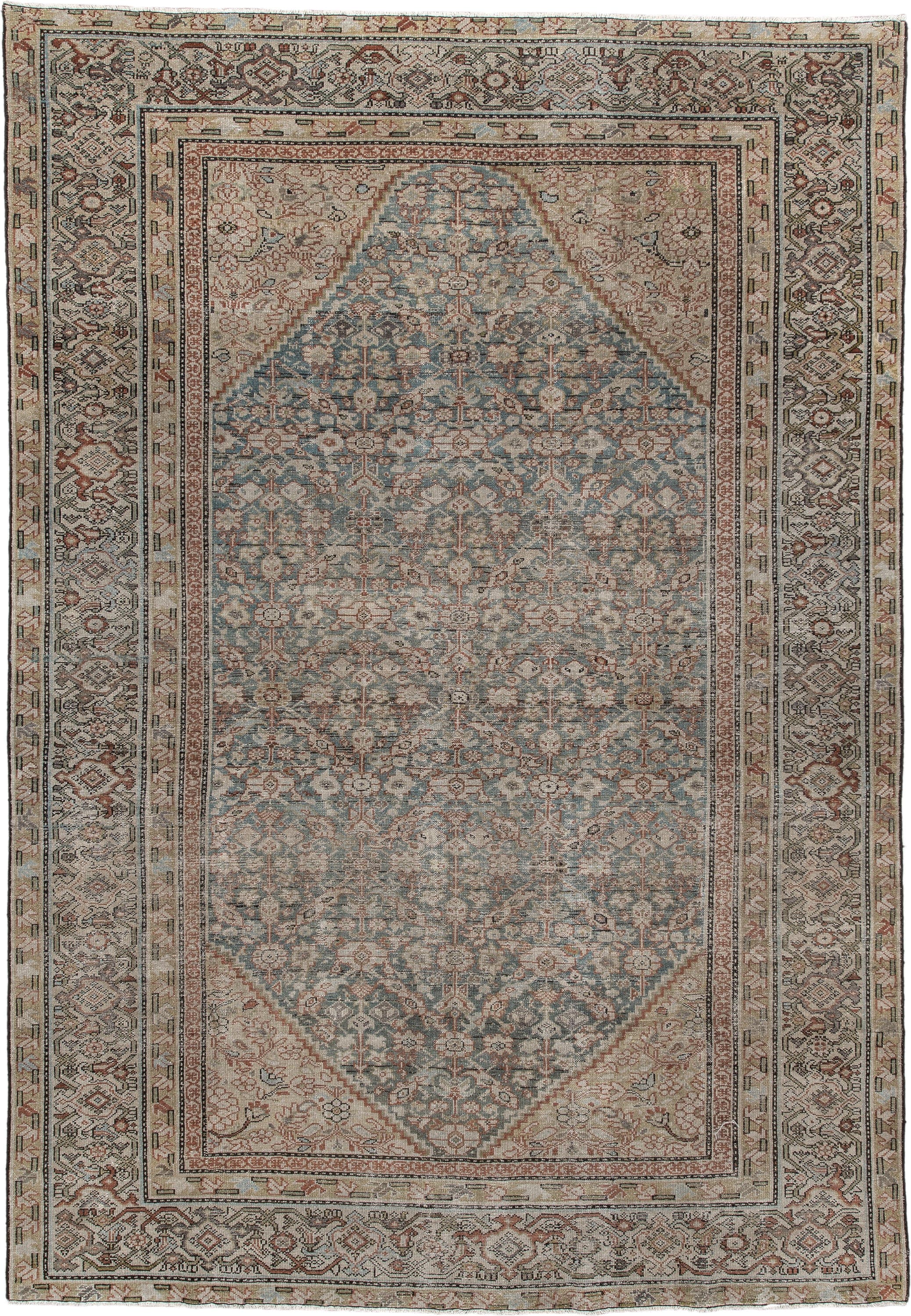 6' x 9' one-of-a-kind handmade antique Malayer large size rug. Color palette: blue gray, ivory, taupe, rust, sage, charcoal