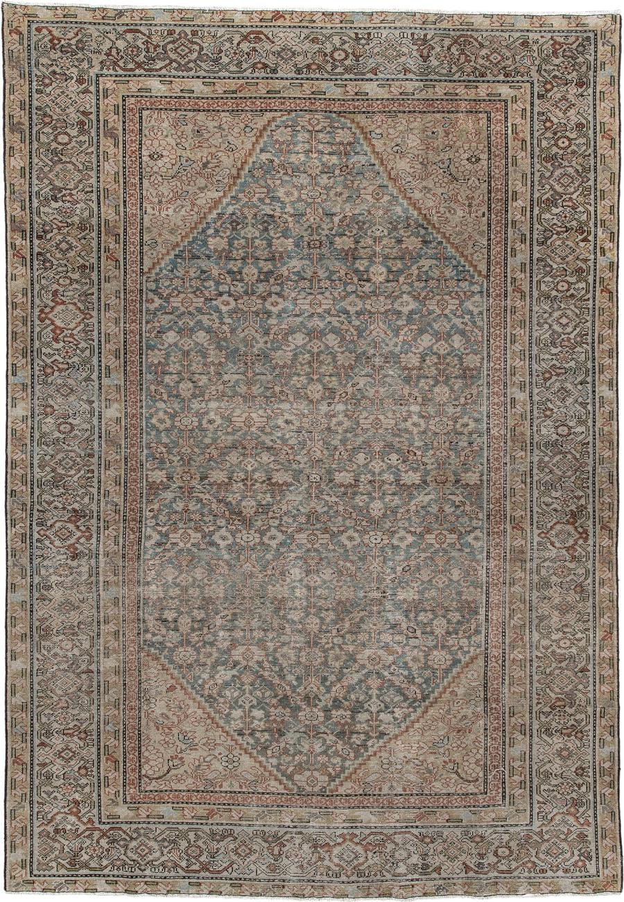 6' x 9' one-of-a-kind handmade antique Malayer large size rug. Color palette: blue gray, ivory, taupe, rust, sage, charcoal