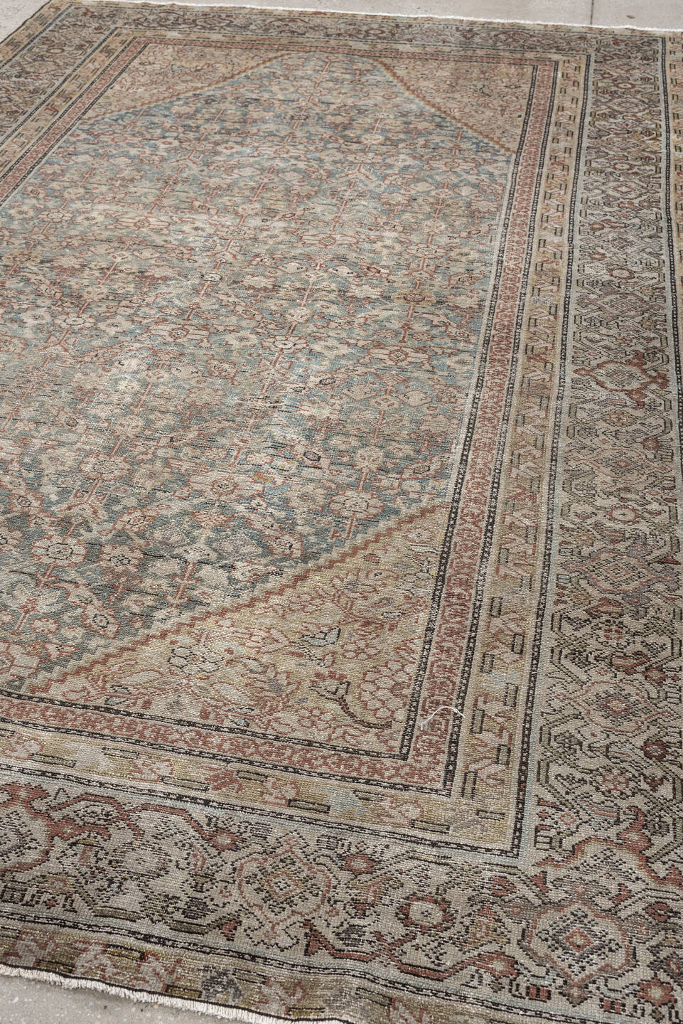 6' x 9' one-of-a-kind handmade antique Malayer large size rug. Color palette: blue gray, ivory, taupe, rust, sage, charcoal