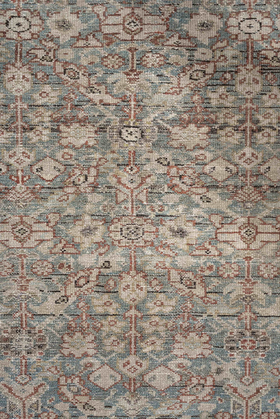 6' x 9' one-of-a-kind handmade antique Malayer large size rug. Color palette: blue gray, ivory, taupe, rust, sage, charcoal
