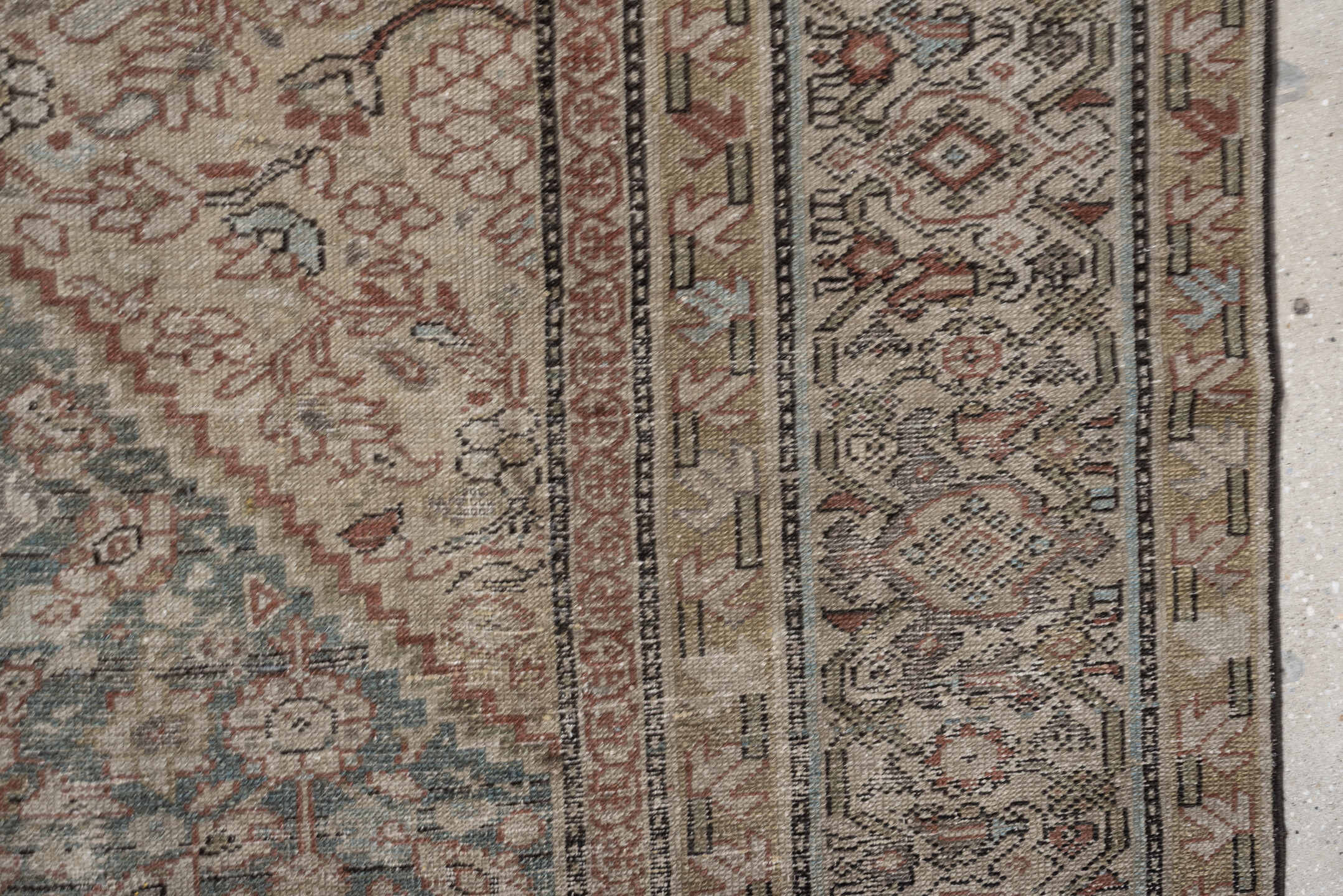 6' x 9' one-of-a-kind handmade antique Malayer large size rug. Color palette: blue gray, ivory, taupe, rust, sage, charcoal