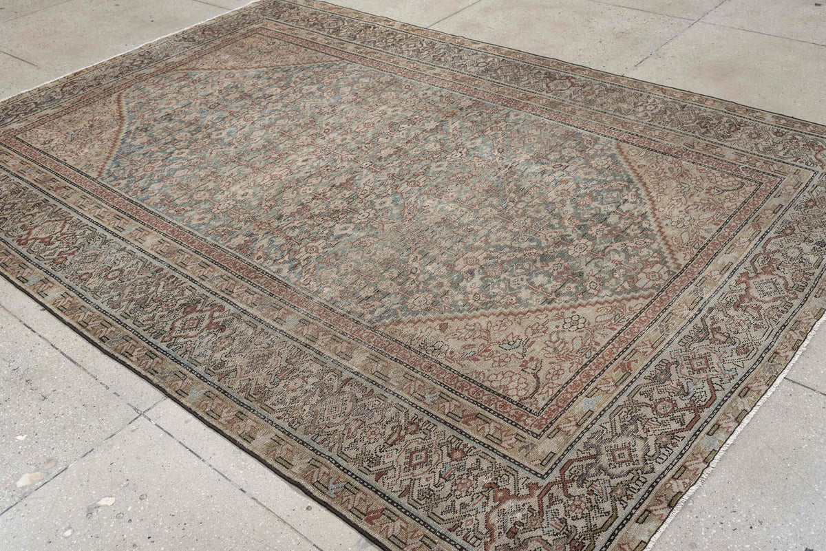 6' x 9' one-of-a-kind handmade antique Malayer large size rug. Color palette: blue gray, ivory, taupe, rust, sage, charcoal