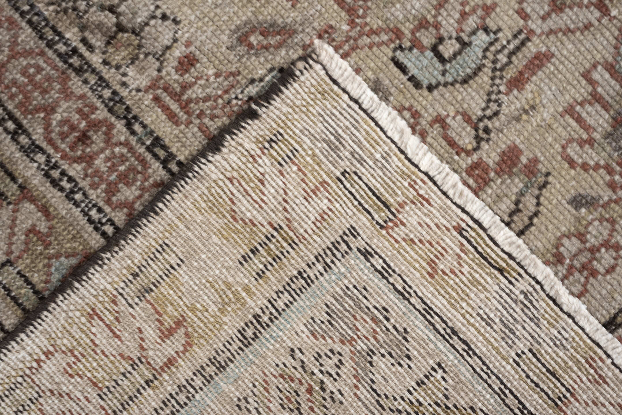 6' x 9' one-of-a-kind handmade antique Malayer large size rug. Color palette: blue gray, ivory, taupe, rust, sage, charcoal