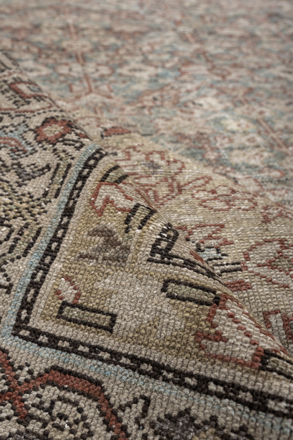 6' x 9' one-of-a-kind handmade antique Malayer large size rug. Color palette: blue gray, ivory, taupe, rust, sage, charcoal