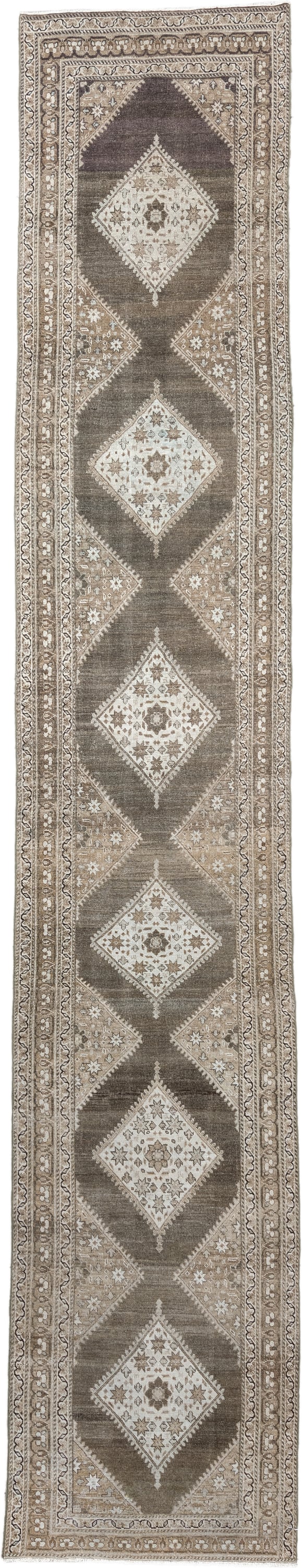 3' x 16' one-of-a-kind handmade antique Saraband runner rug. Color palette: taupe, ivory, charcoal, camel, beige, brown