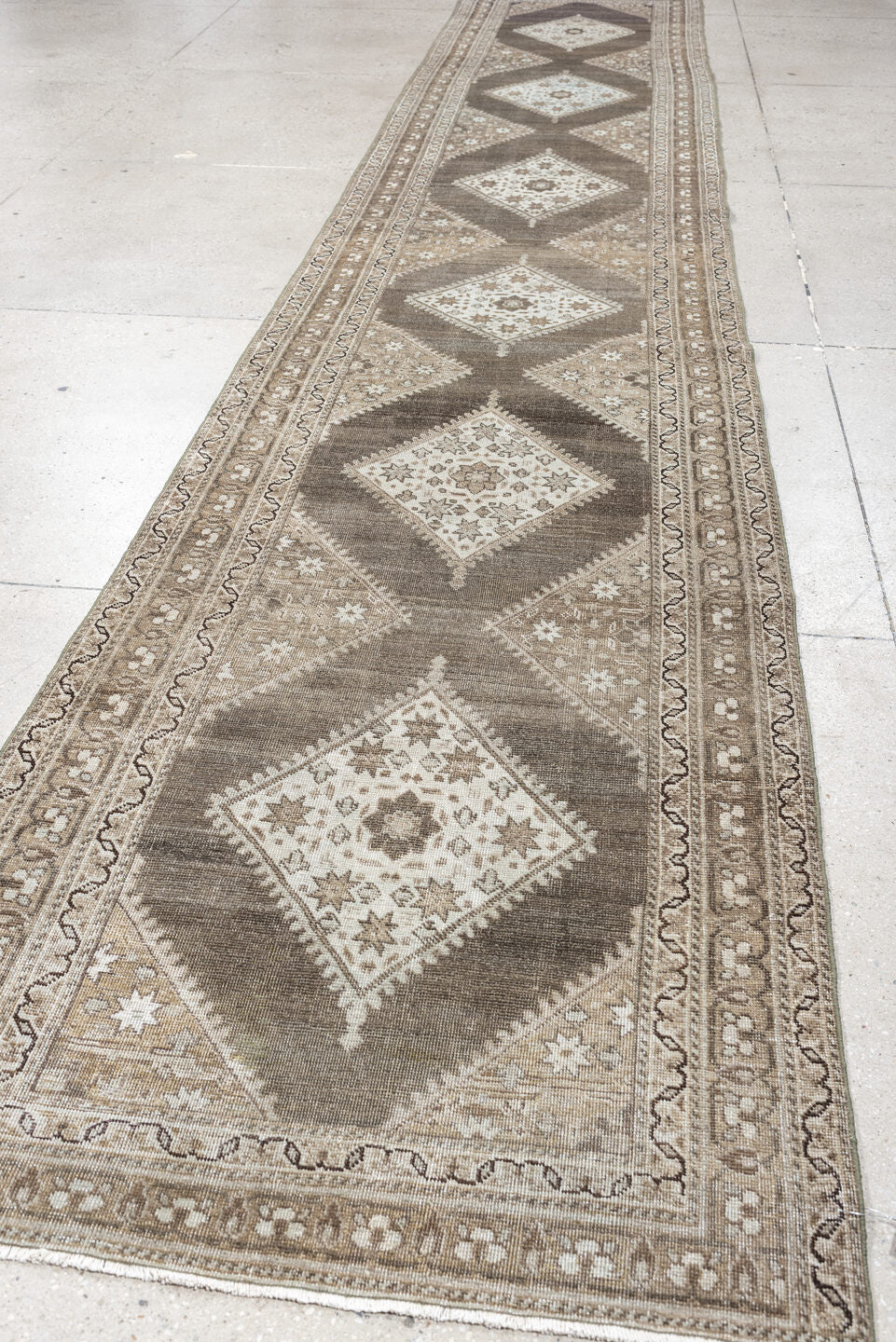 3' x 16' one-of-a-kind handmade antique Saraband runner rug. Color palette: taupe, ivory, charcoal, camel, beige, brown