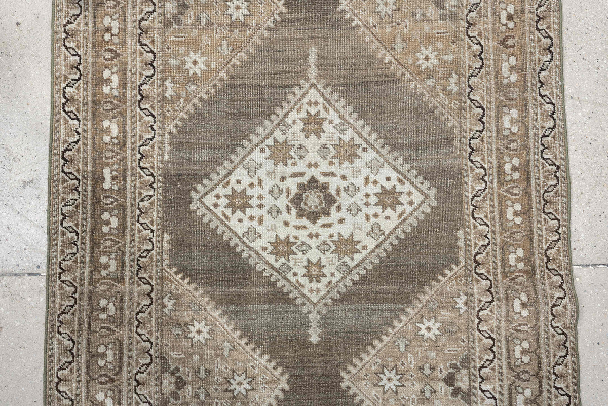 3' x 16' one-of-a-kind handmade antique Saraband runner rug. Color palette: taupe, ivory, charcoal, camel, beige, brown