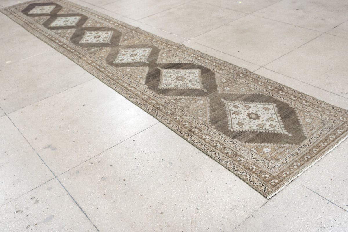 3' x 16' one-of-a-kind handmade antique Saraband runner rug. Color palette: taupe, ivory, charcoal, camel, beige, brown