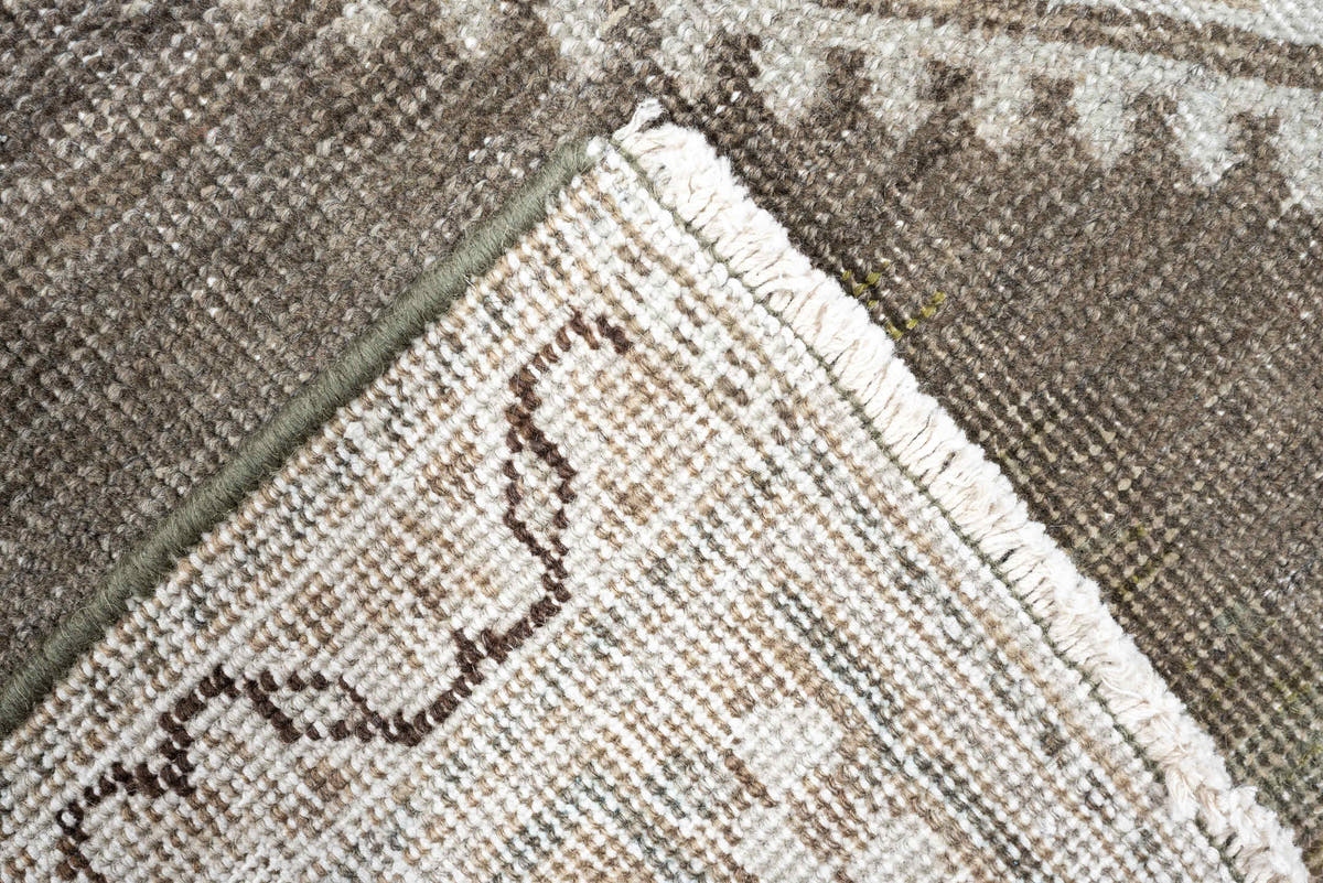 3' x 16' one-of-a-kind handmade antique Saraband runner rug. Color palette: taupe, ivory, charcoal, camel, beige, brown