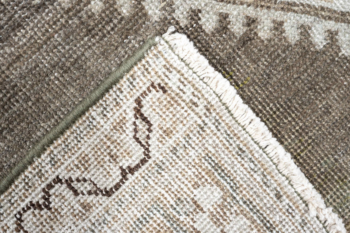 3' x 16' one-of-a-kind handmade antique Saraband runner rug. Color palette: taupe, ivory, charcoal, camel, beige, brown