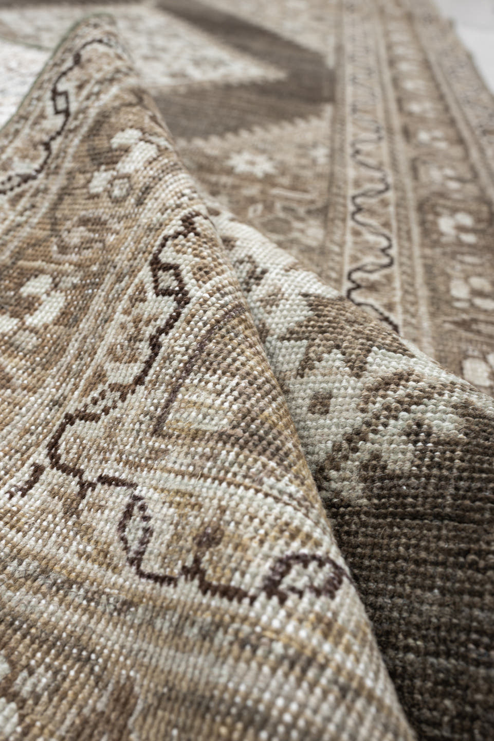 3' x 16' one-of-a-kind handmade antique Saraband runner rug. Color palette: taupe, ivory, charcoal, camel, beige, brown