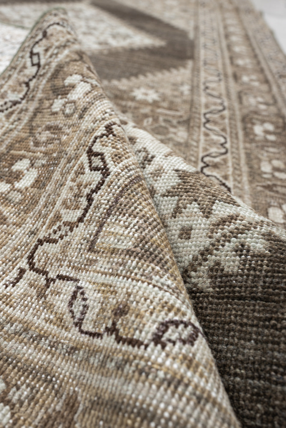 3' x 16' one-of-a-kind handmade antique Saraband runner rug. Color palette: taupe, ivory, charcoal, camel, beige, brown