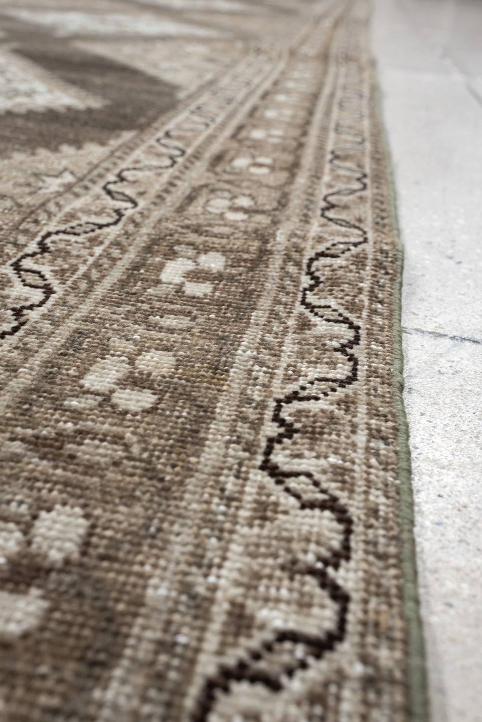 3' x 16' one-of-a-kind handmade antique Saraband runner rug. Color palette: taupe, ivory, charcoal, camel, beige, brown