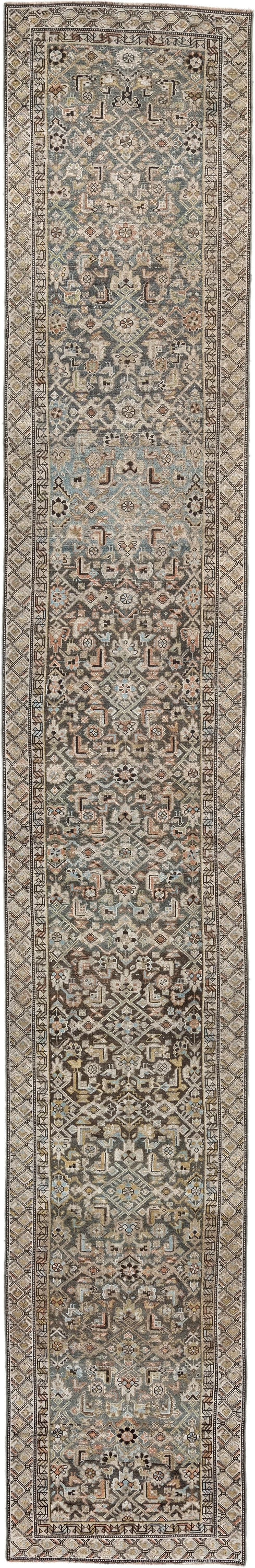 2' x 18' one-of-a-kind handmade antique runner rug. Color palette: blue gray, ivory, camel, charcoal, rust, taupe, sage