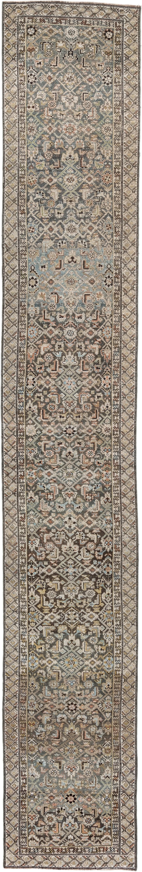 2' x 18' one-of-a-kind handmade antique runner rug. Color palette: blue gray, ivory, camel, charcoal, rust, taupe, sage
