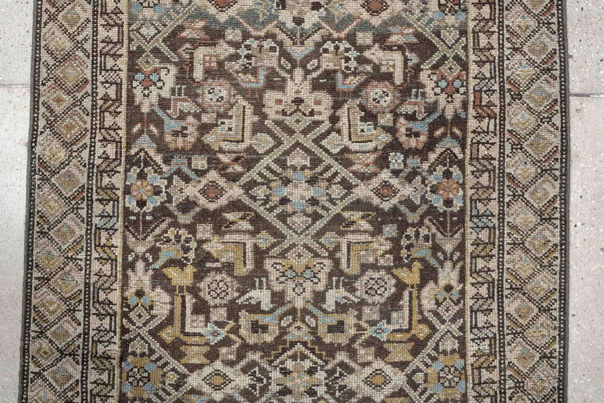 2' x 18' one-of-a-kind handmade antique runner rug. Color palette: blue gray, ivory, camel, charcoal, rust, taupe, sage