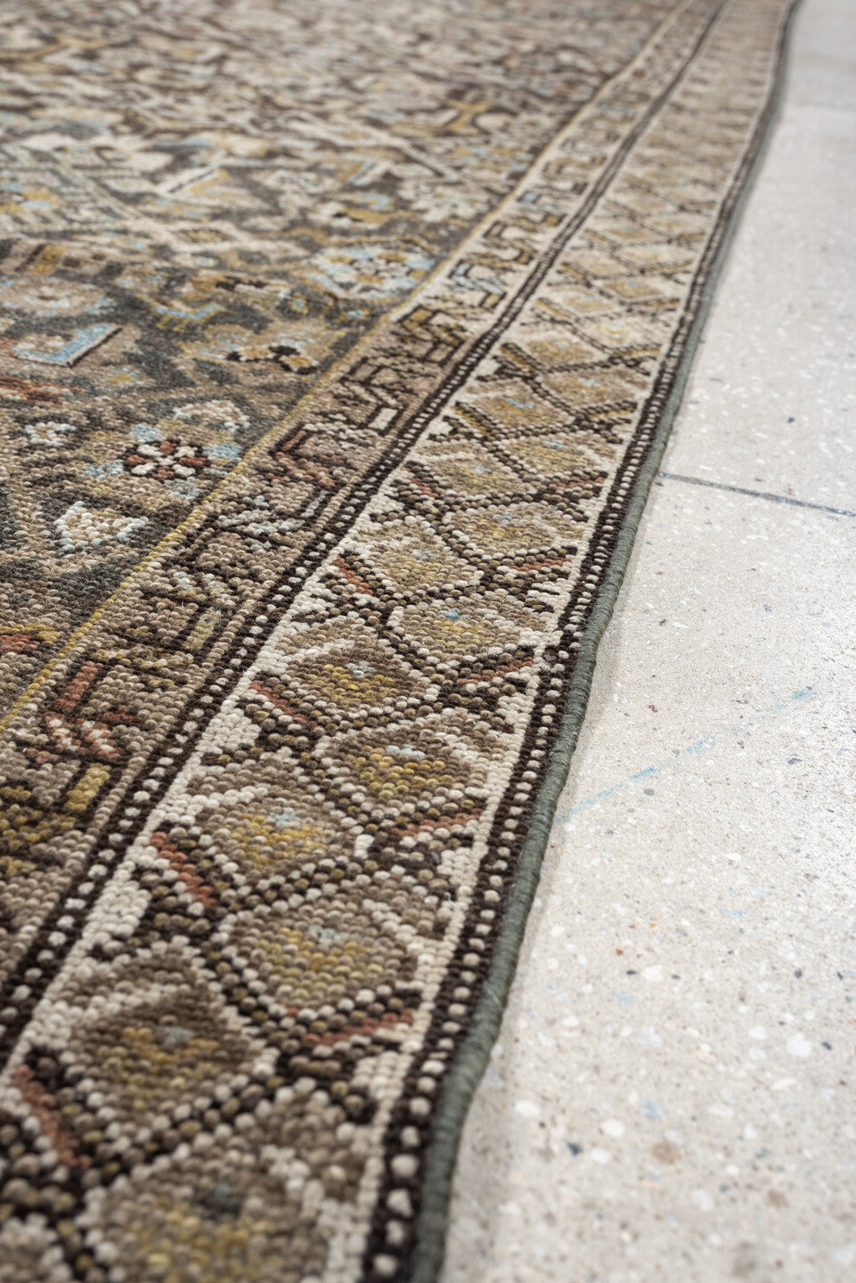 2' x 18' one-of-a-kind handmade antique runner rug. Color palette: blue gray, ivory, camel, charcoal, rust, taupe, sage