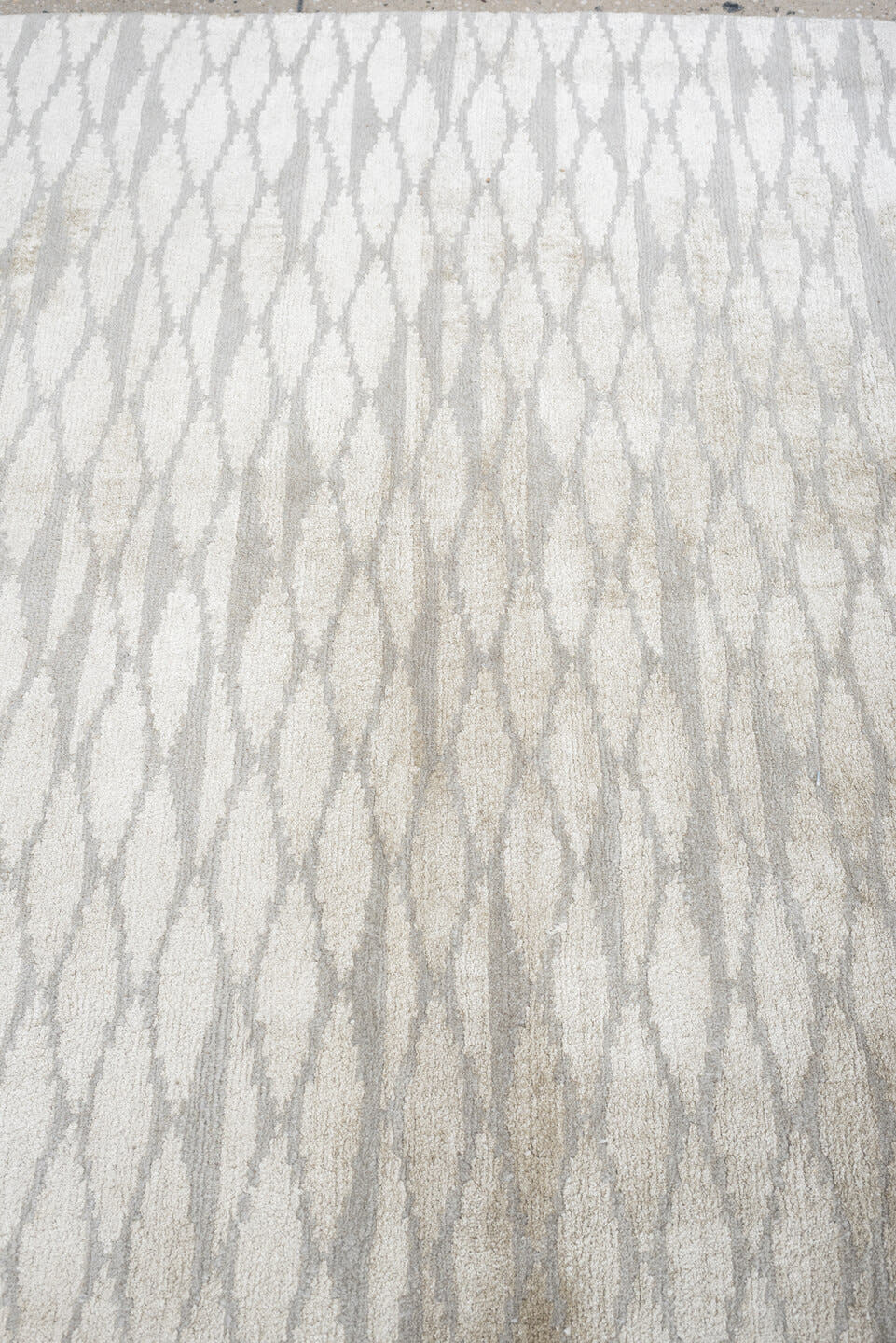 14' x 15' one-of-a-kind handmade antique Tibetan oversize rug. Color palette: ivory, pale gray, taupe, beige, light gray