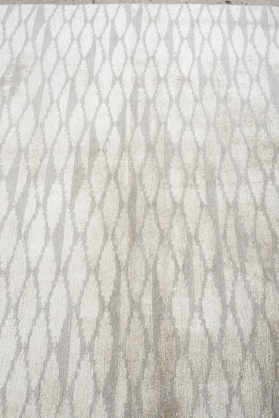 14' x 15' one-of-a-kind handmade antique Tibetan oversize rug. Color palette: ivory, pale gray, taupe, beige, light gray