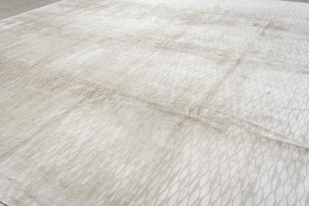 14' x 15' one-of-a-kind handmade antique Tibetan oversize rug. Color palette: ivory, pale gray, taupe, beige, light gray