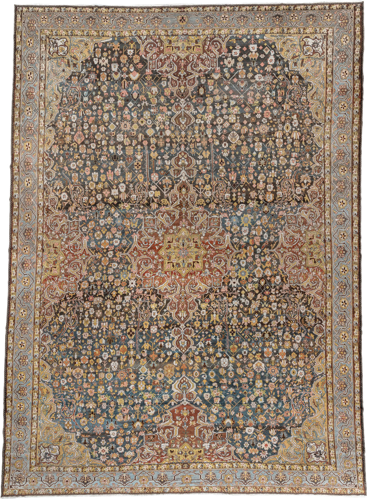 13' x 19' one-of-a-kind handmade antique Baktiary oversize rug. Color palette: charcoal, teal, rust, pale blue, ivory, gold