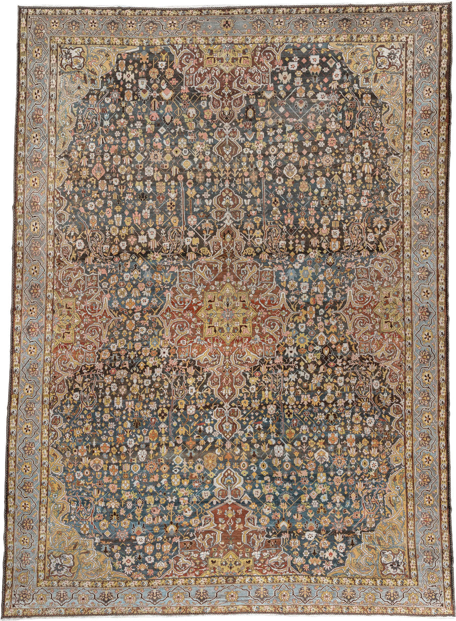 13' x 19' one-of-a-kind handmade antique Baktiary oversize rug. Color palette: charcoal, teal, rust, pale blue, ivory, gold