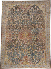 13' x 19' one-of-a-kind handmade antique Baktiary oversize rug. Color palette: charcoal, teal, rust, pale blue, ivory, gold